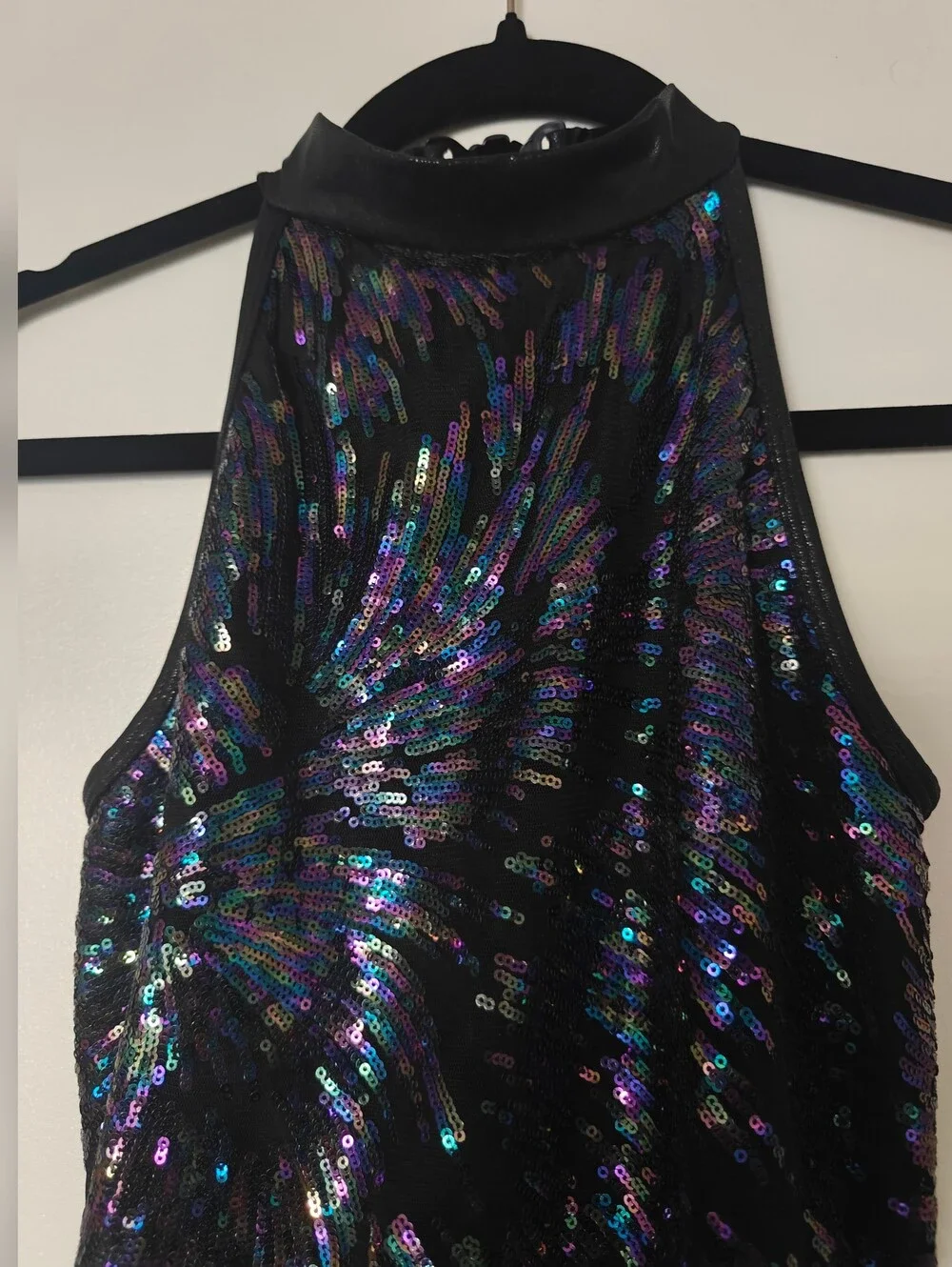 Teen Dance Costume Sz.XLC Sequined Asymmetrical Double Skirt Dress Black Rainbow